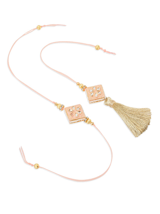 NVR Set of 2 Handmade Peach Kundan Studded Bhaiya Bhabhi Rakhi Set, Combo for Rakshabandhan | Swadesiicart