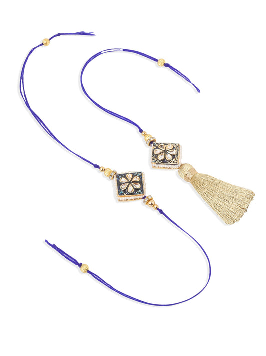 NVR Set of 2 Handmade Blue Kundan Studded Bhaiya Bhabhi Rakhi Set with Roli Chawal Chandan & Mishri - Swadesiicart