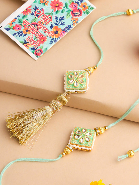 NVR Set of 2 Handmade Sea Green Kundan Studded Bhaiya Bhabhi Rakhi Set with Roli Chawal Chandan & Mishri - Swadesiicart