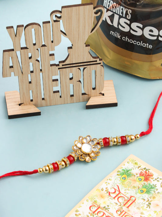 NVR Men's Red Kundan Studded Floral Design Thread Rakhi, Combo for Rakshabandhan | Swadesiicart