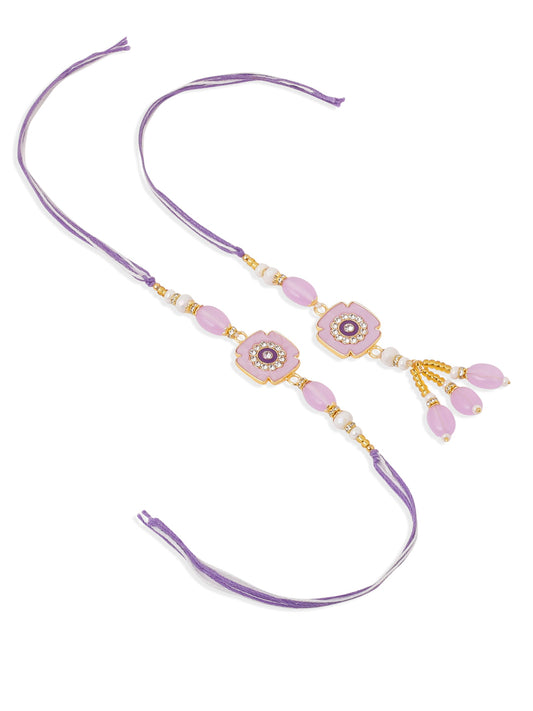 NVR Set of 2 Purple Artificial Stones & Beads Floral Design Thread Bhaiya Bhabhi Rakhi Combo | Swadesiicart