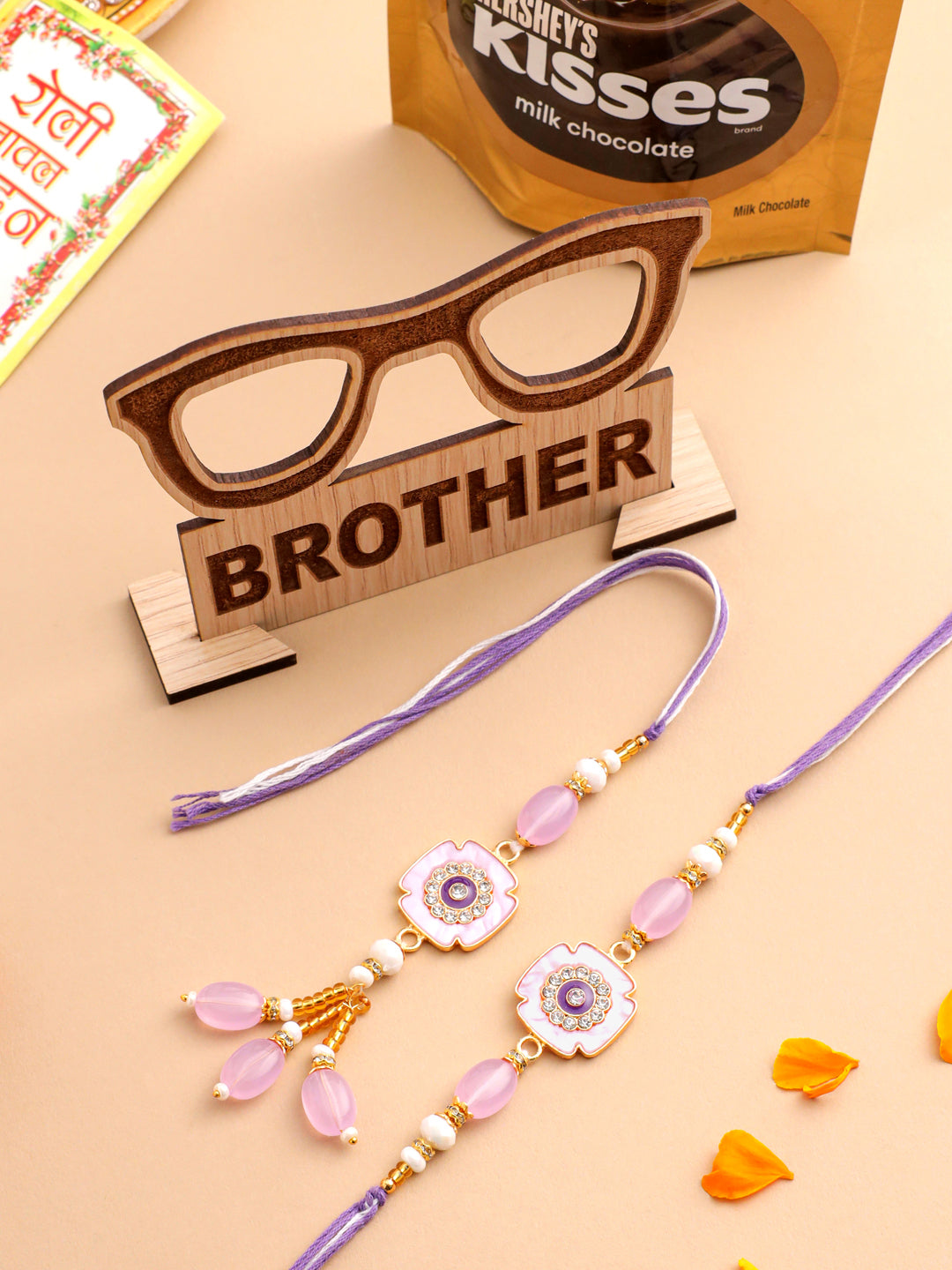 NVR Set of 2 Purple Artificial Stones & Beads Floral Design Thread Bhaiya Bhabhi Rakhi Combo | Swadesiicart