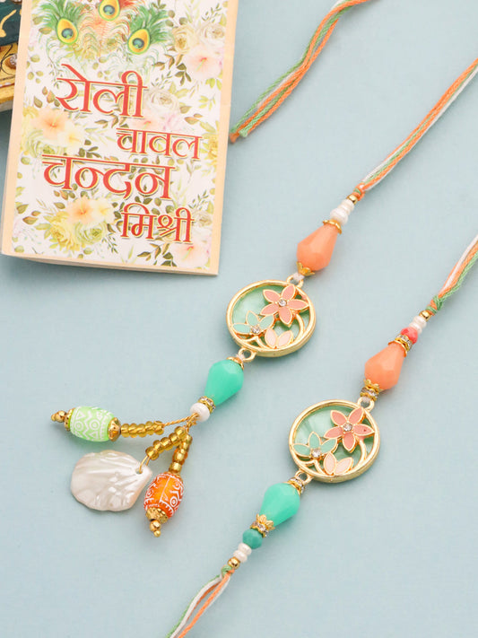 NVR Set of 2 Multicolor Artificial Beads Traditional Bhaiya Bhabhi Pair Rakhi Set with Roli Chawal Chandan & Mishri | Swadesiicart