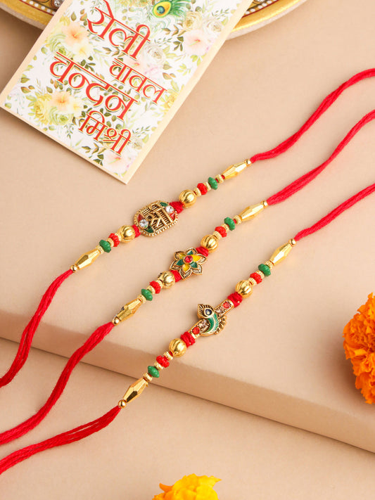 NVR Men Set of 3 Red & Gold Floral Design Artificial Stones and Beads Thread Rakhi With Roli Chawal Chandan & Mishri - Swadesiicart