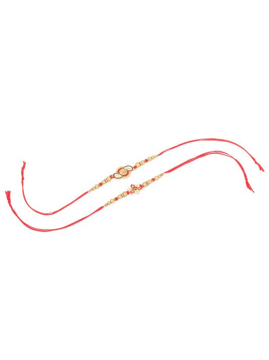 NVR Men Set of 2 Red & Gold Floral Design Artificial Beads Thread Rakhi With Roli Chawal Chandan & Mishri | Swadesiicart