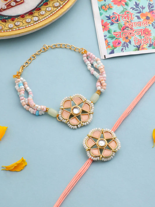 NVR Set of 2 Peach Color Artificial Stones & Pearls Bhaiya Bhabhi Rakhi With Roli Chawal Chandan & Mishri | Swadesiicart