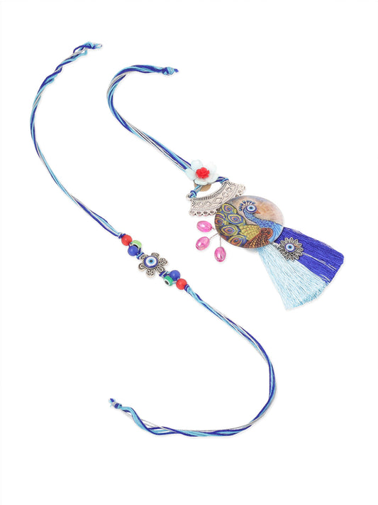 NVR Set of 2 Blue Evil Eye & Peacock Design Artificial Beads Bhaiya Bhabhi Rakhi With Roli Chawal Chandan & Mishri | Swadesiicart