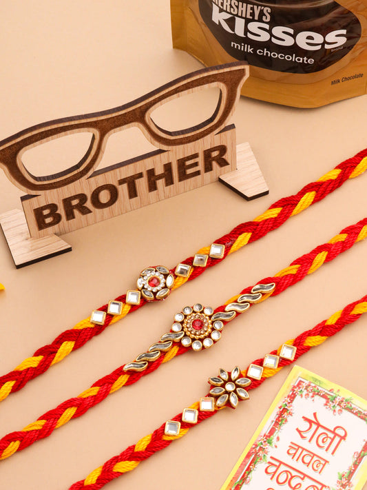 NVR Men Set of 3 Red & Yellow Kundan Studded Floral Design Thread Rakhi Combo | Swadesiicart