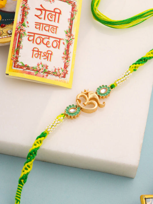 NVR Men Green Kundan Studded Om Design Thread Rakhi with Roli Chawal Chandan & Mishri - Swadesiicart