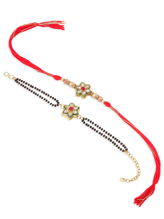 NVR Set of 2 Gold Toned Kundan Studded Floral Shape Bhaiya Bhabhi Rakhi Combo | Swadesiicart