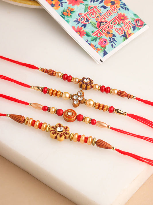 NVR Men Set of 4 Red Artificial Stones & Beads Floral Shape Thread Rakhi with Roli Chawal Chandan & Mishri - Swadesiicart