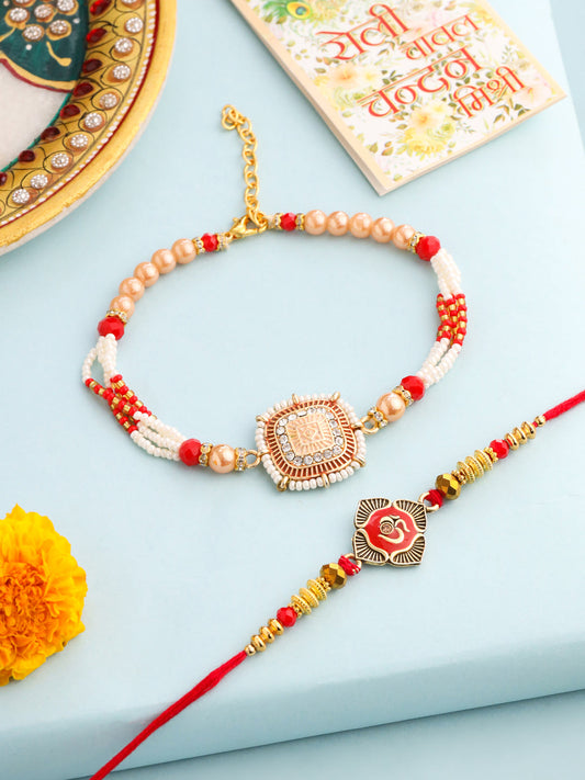 NVR Set of 2 Gold Toned Artificial Stones & Beads Om Design Bhaiya Bhabhi Rakhi with Roli Chawal Chandan & Mishri - Swadesiicart