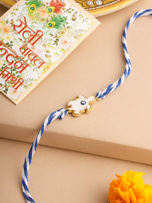 NVR Men Blue Evil Eye Thread Rakhi with Roli Chawal Chandan & Mishri | Swadesiicart
