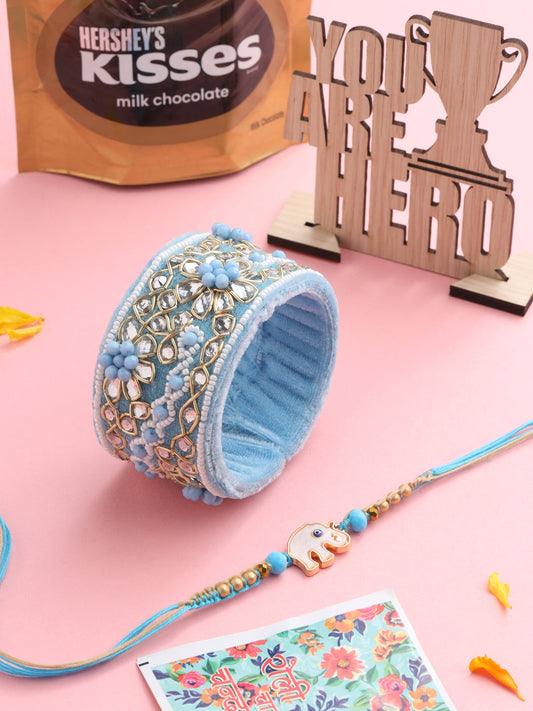 NVR Set of 2 Blue Artificial Stones & Beads Floral Bhaiya Bhabhi Rakhi Combo | Swadesiicart