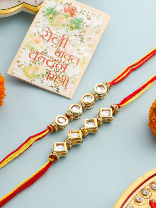 NVR Men Set of 2 Multicolor Kundan Studded Thread Rakhi with Roli Chawal Chandan & Mishri - Swadesiicart