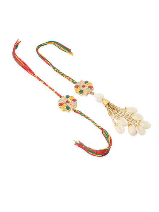 NVR Set of 2 Artificial Beads & Sea Shell Floral Design Bhaiya Bhabhi Rakhi Combo | Swadesiicart
