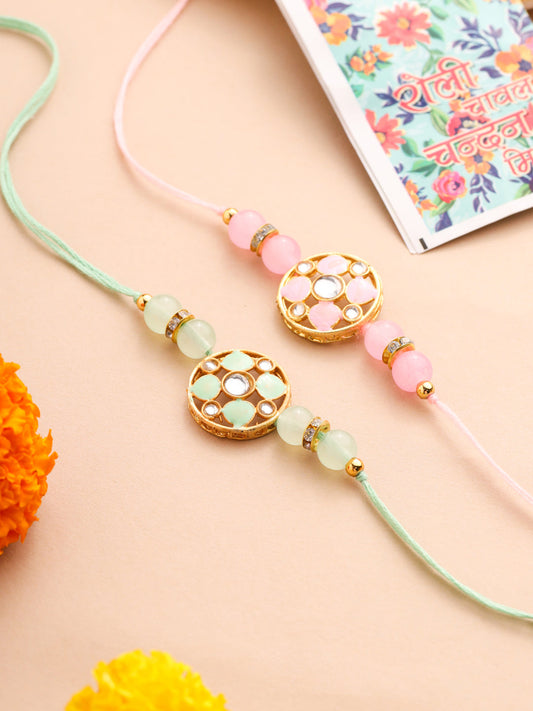 NVR Men Set of 2 Artificial Stones & Beads Floral Design Thread Rakhi with Roli Chawal Chandan & Mishri - Swadesiicart