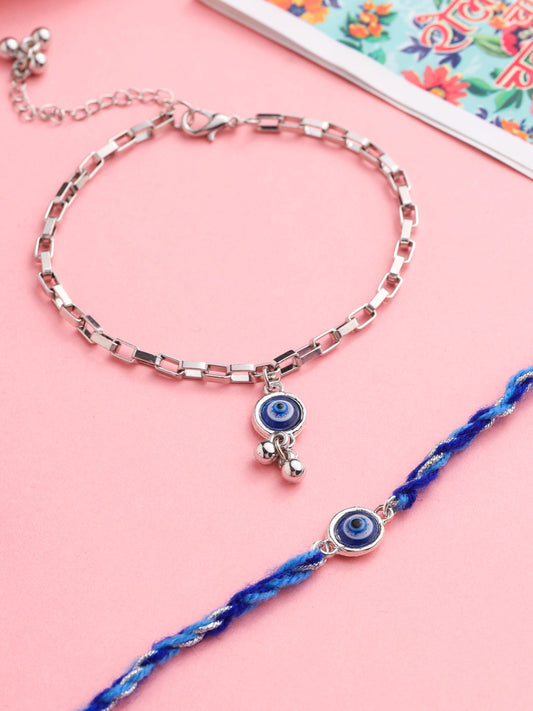 NVR Set of 2 Blue Evil Eye Bhaiya Bhabhi Rakhi with Roli Chawal Chandan & Mishri | Swadesiicart