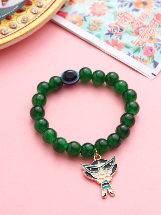 NVR Kids Cartoon Design Green Artificial Beads Thread Rakhi with Roli Chawal Chandan & Mishri | Swadesiicart
