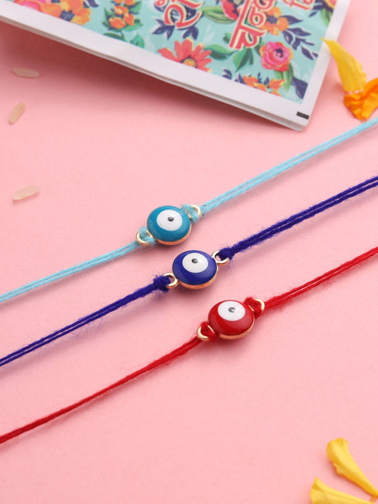 NVR Set of 3 Multicolor Evil Eye Men's Thread Rakhi with Roli Chawal Chandan & Mishri | Swadesiicart