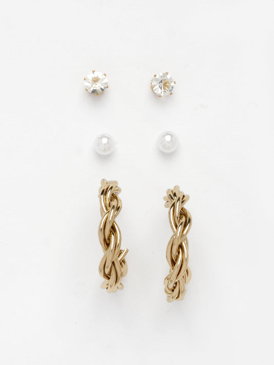 NVR Women's Set of 3 Gold-Polished Artificial Stones Half Hoop Earrings