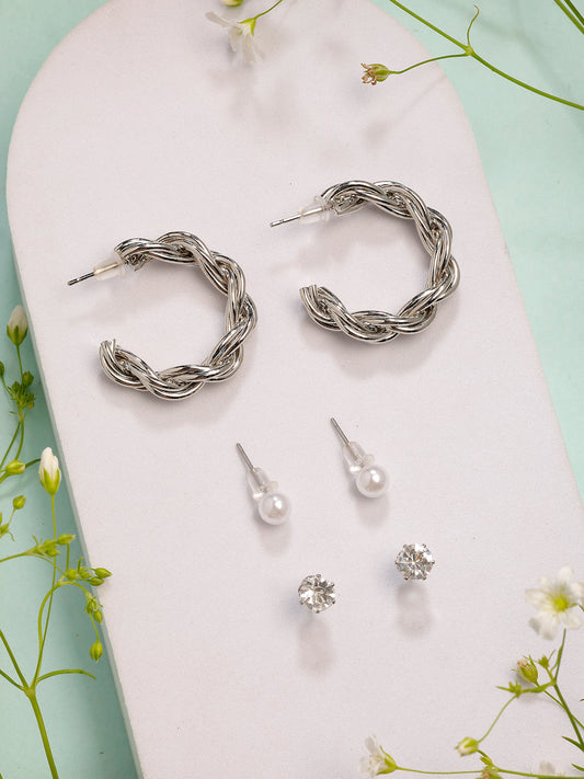 NVR Women's Set of 3 Silver-Plated Artificial Stones Half Hoop Earrings - Swadesiicart
