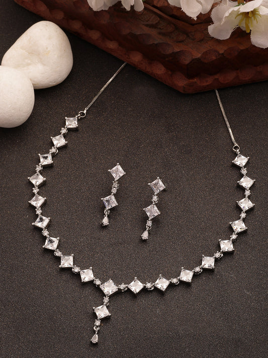 NVR Women's Silver-Plated CZ-Studded Brass Handcrafted Jewellery Set