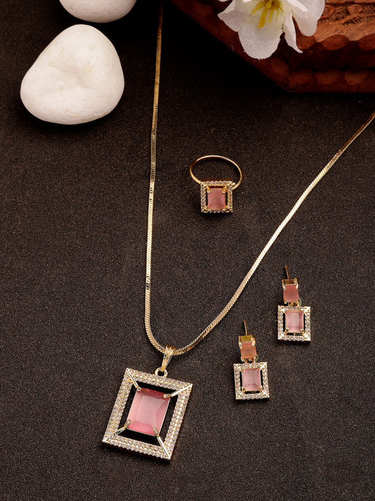 NVR Women Gold-Polished Pink American Diamond-Studded Pendant Set with Ring - Swadesiicart