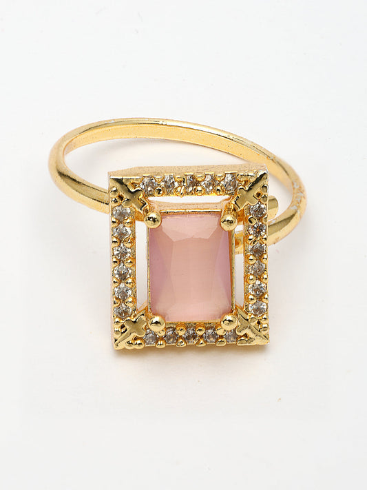 NVR Women Gold-Polished Pink American Diamond-Studded Pendant Set with Ring - Swadesiicart