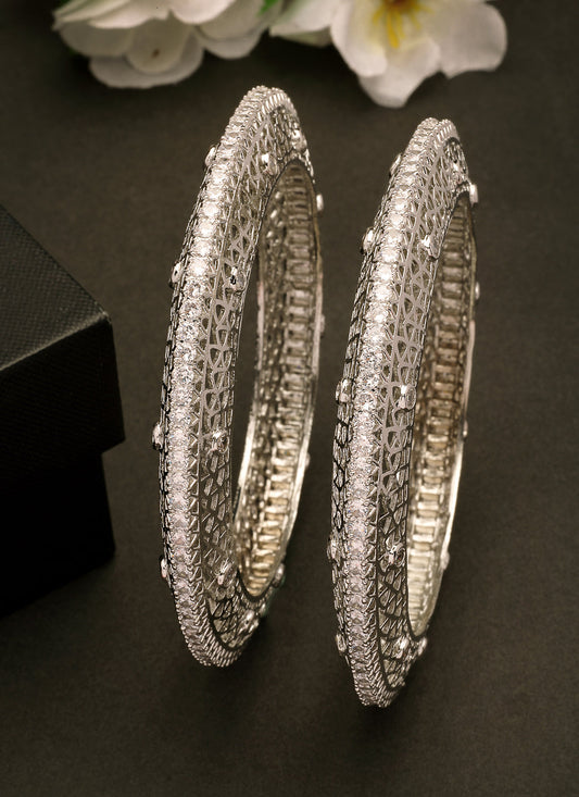NVR Women's Set of 2 Silver-Plated American Diamond Studded Bangles - Swadesiicart