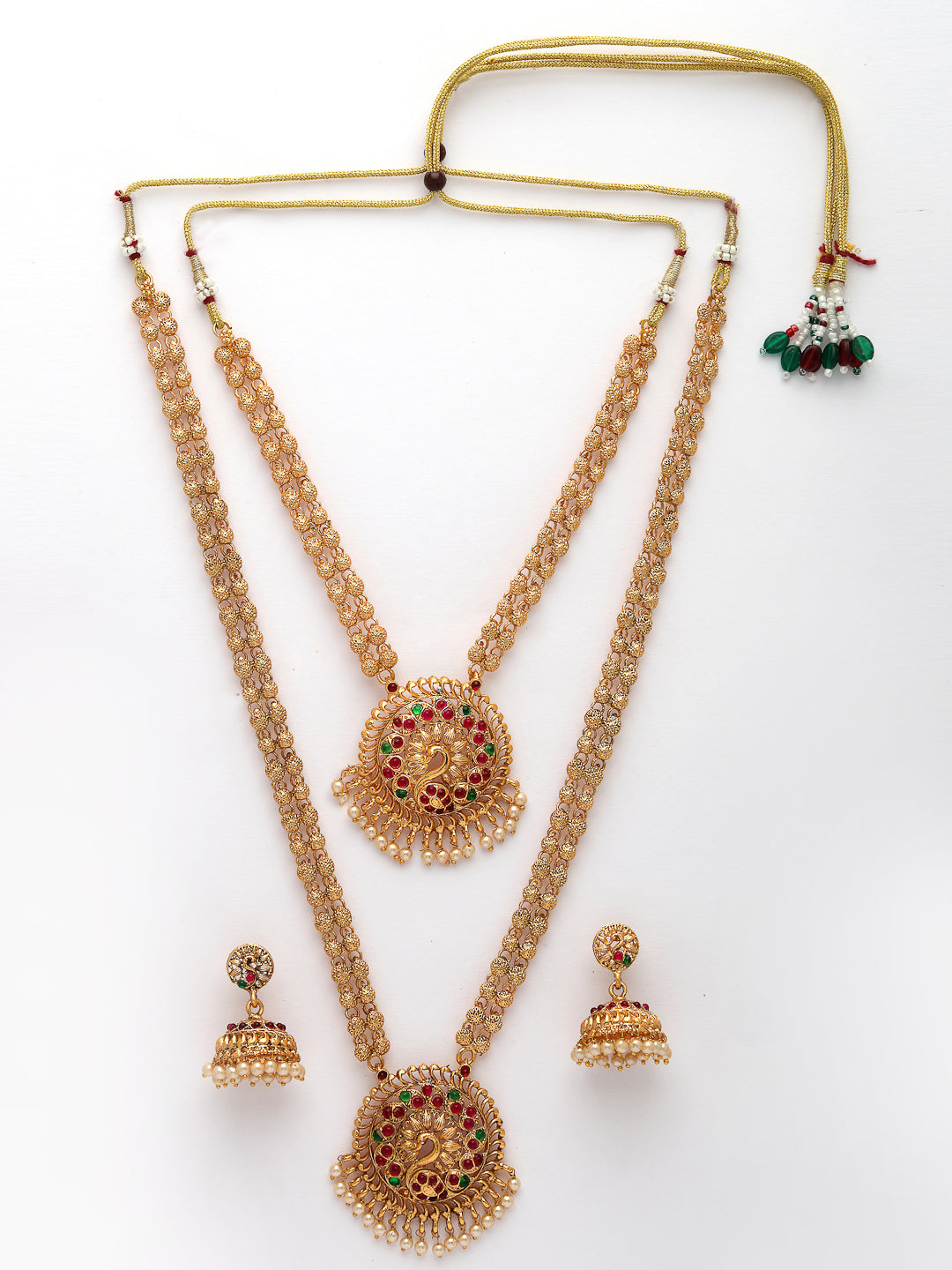 NVR Women's Set of 2 Gold-Polished Red & Green Stone Studded Peacock Design Temple Jewellery Set - Swadesiicart