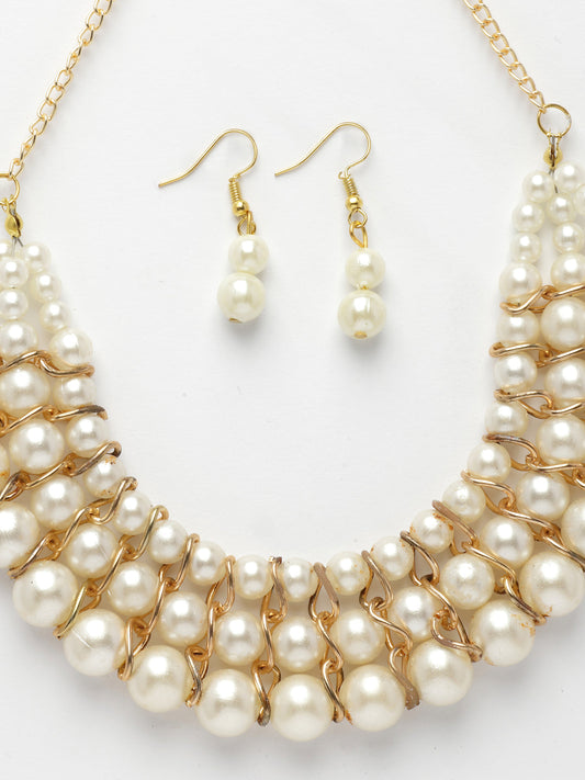 NVR Women's Gold-Polished White Pearl-Beaded Handcrafted Jewellery Set - Swadesiicart