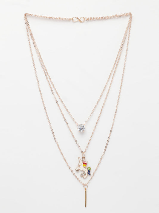 NVR Women's Rose Gold-Polished Artificial Stones Unicorn Layered Chain - Swadesiicart