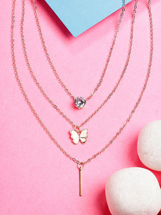 NVR Women's Rose Gold-Polished Artificial Stones Butterfly-shaped Layered Chain | Swadesiicart