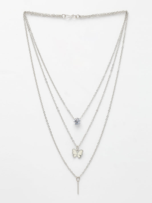 NVR Women's Silver-Toned Artificial Stones Butterfly-shaped Layered Chain | Swadesiicart