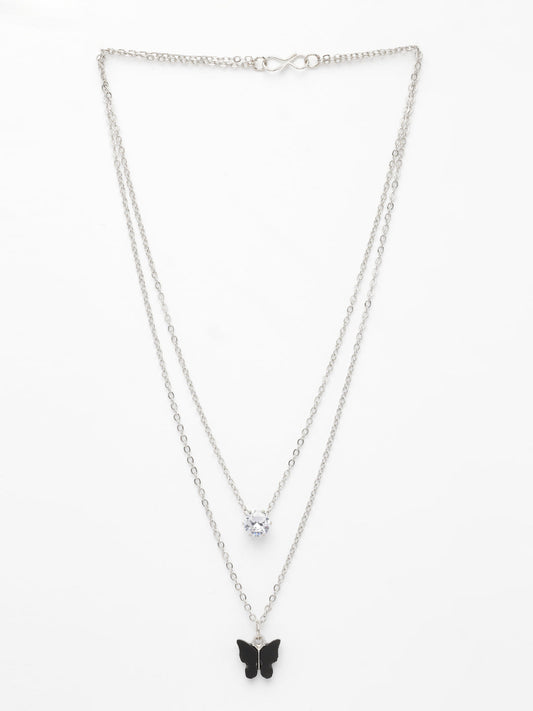 NVR Women's Silver-Toned Artificial Stones Butterfly-shaped Layered Chain | Swadesiicart
