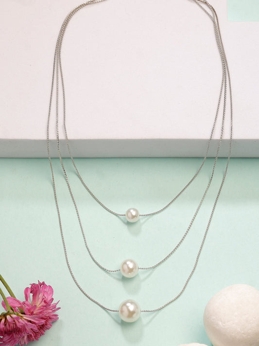 NVR Women's Silver-Plated White Pearl Layered Chain - Swadesiicart