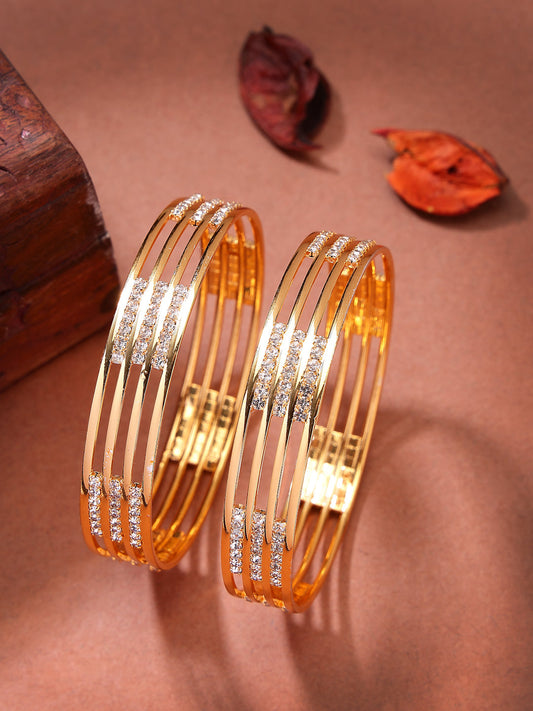 NVR Women's Set of 2 Gold-Polished Cubic Zirconia Stone Studded Bangles - Swadesiicart
