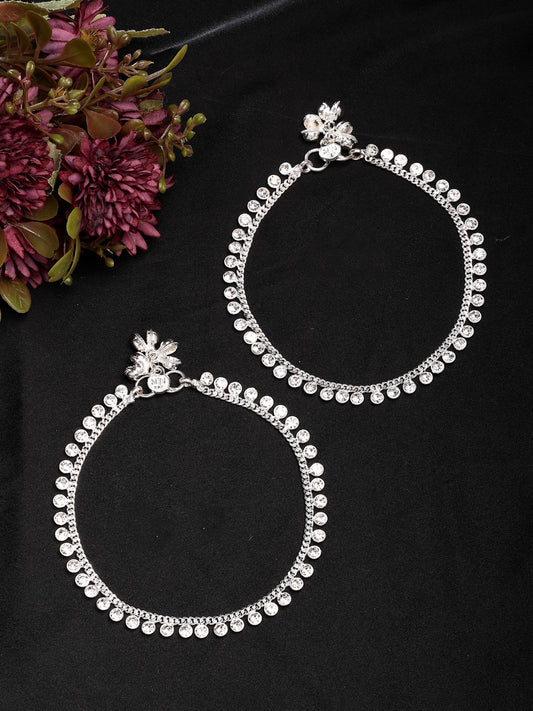 NVR Women's Set of 2 Silver-Plated Artificial Stone Studded Anklets