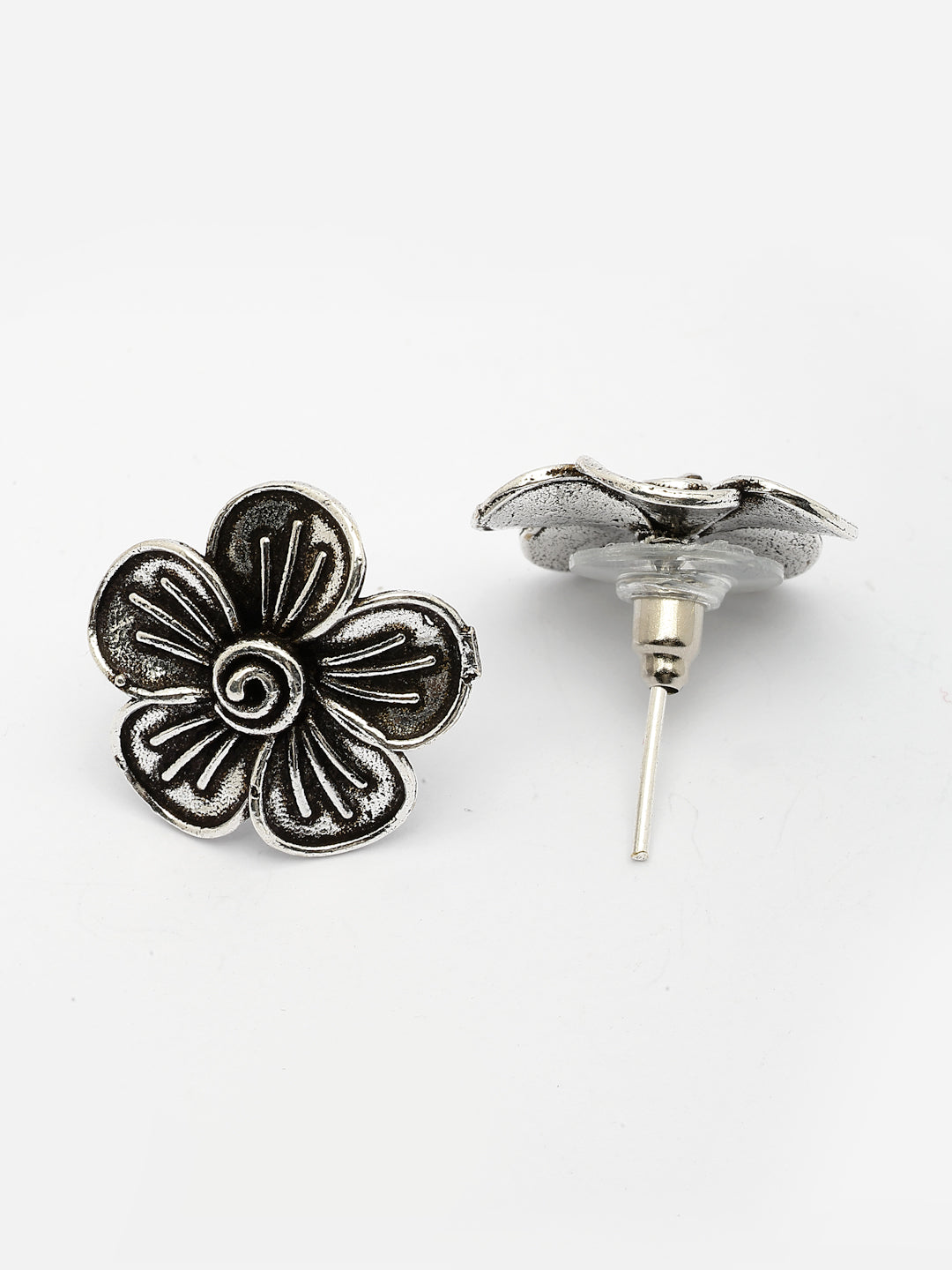 NVR Women Silver Plated Oxidized Floral Shape Stud Earrings - Swadesiicart