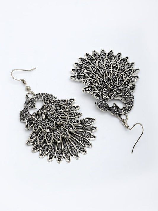 NVR Women's Silver Toned Oxidized Peacock Design Drop Earrings