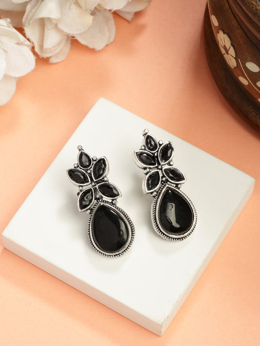 NVR Women Black Artificial Stones Silver Plated Drop Earrings - Swadesiicart