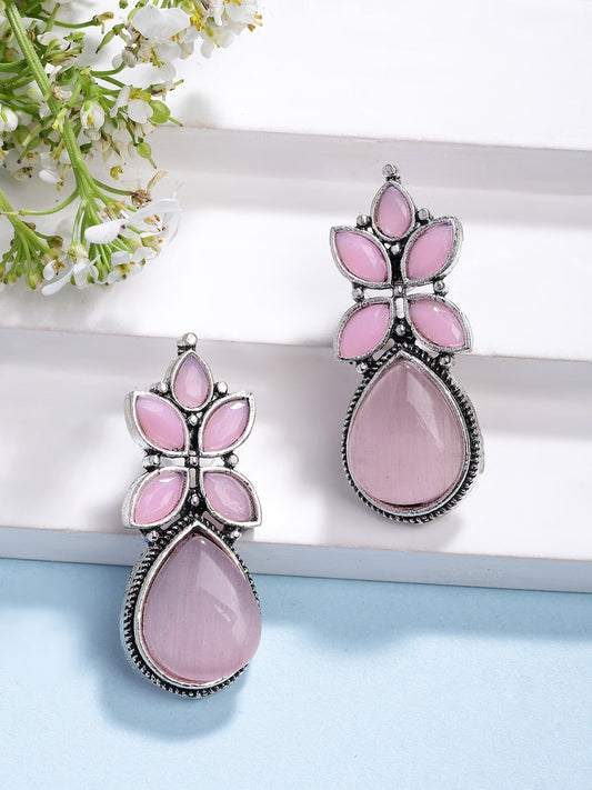 NVR Women Pink Artificial Stones Silver Plated Drop Earrings | Swadesiicart