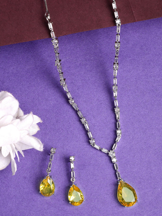 NVR Women's Silver-Plated Yellow American Diamond-Studded Handcrafted Jewellery Set - Swadesiicart