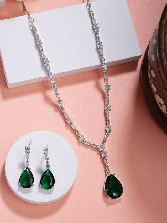NVR Women's Silver-Plated Dark Green American Diamond-Studded Handcrafted Jewellery Set - Swadesiicart