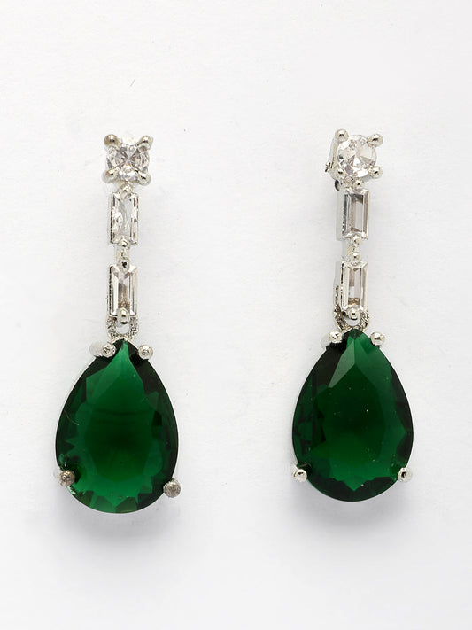 NVR Women's Silver-Plated Dark Green American Diamond-Studded Handcrafted Jewellery Set