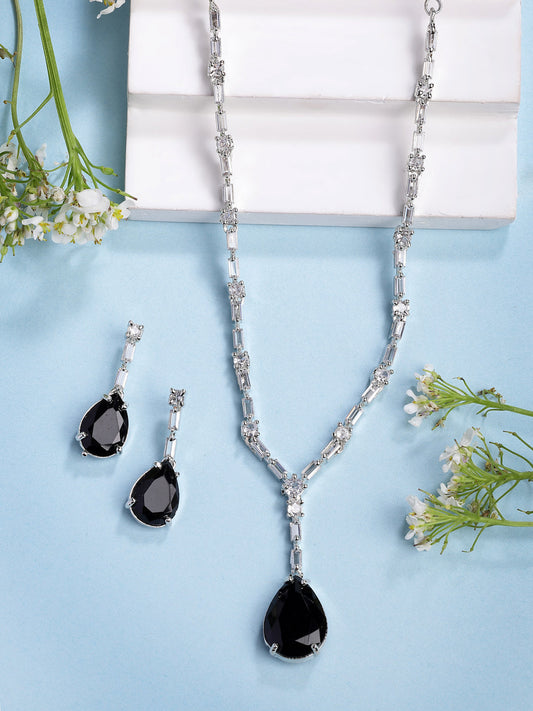 NVR Women's Silver-Plated Black American Diamond-Studded Handcrafted Jewellery Set - Swadesiicart