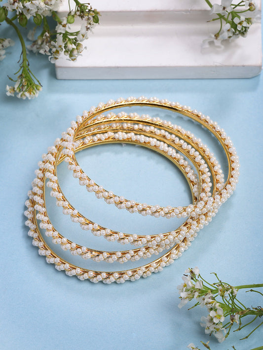 NVR Women Set of 4 Gold-Polished Pearls Handcrafted Traditional Bangles - Swadesiicart
