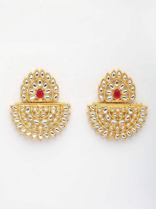 NVR Women's Gold Toned Red Stones & Kundan Studded Jewellery Set - Swadesiicart