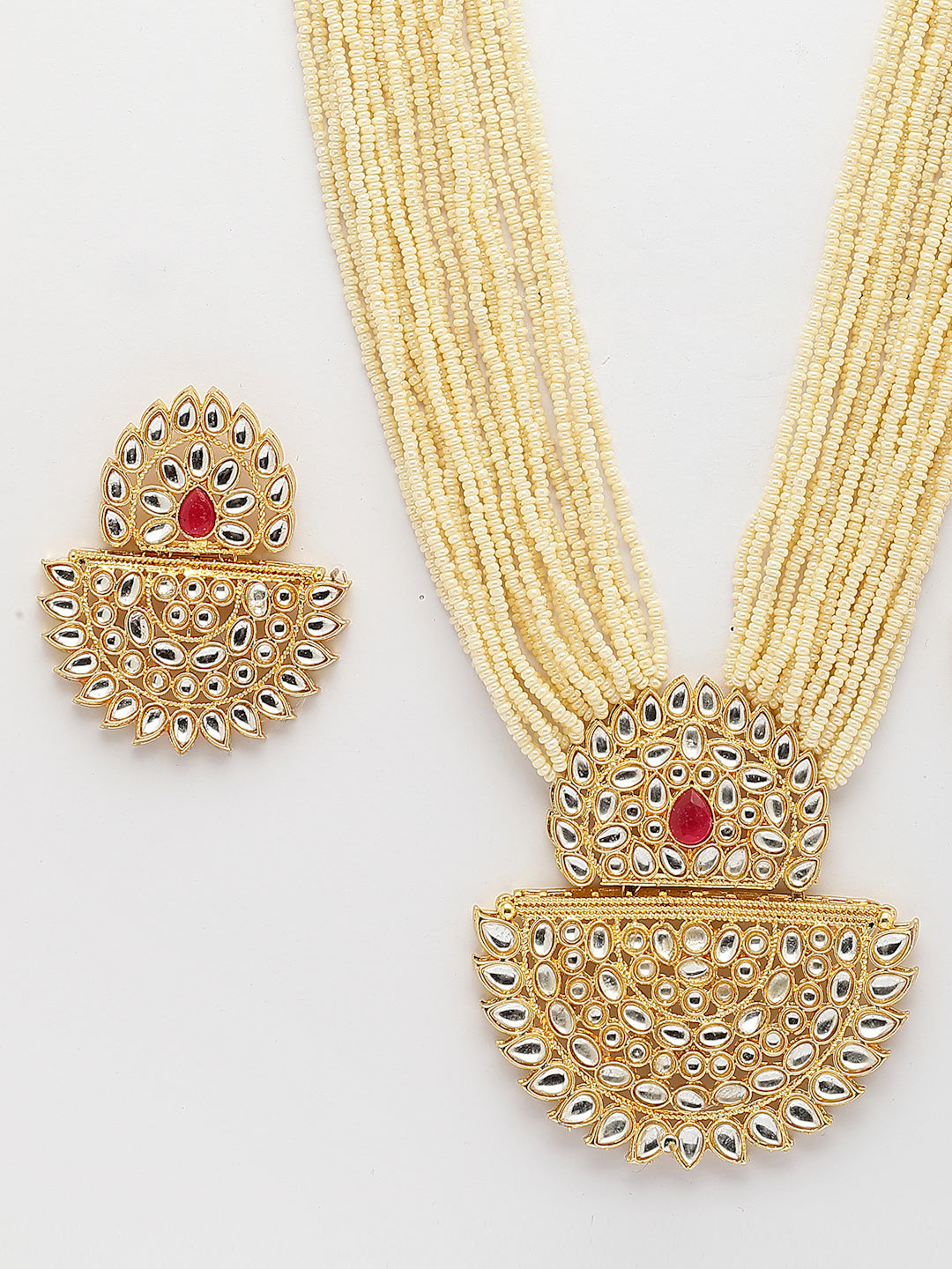 NVR Women's Gold Toned Red Stones & Kundan Studded Jewellery Set - Swadesiicart